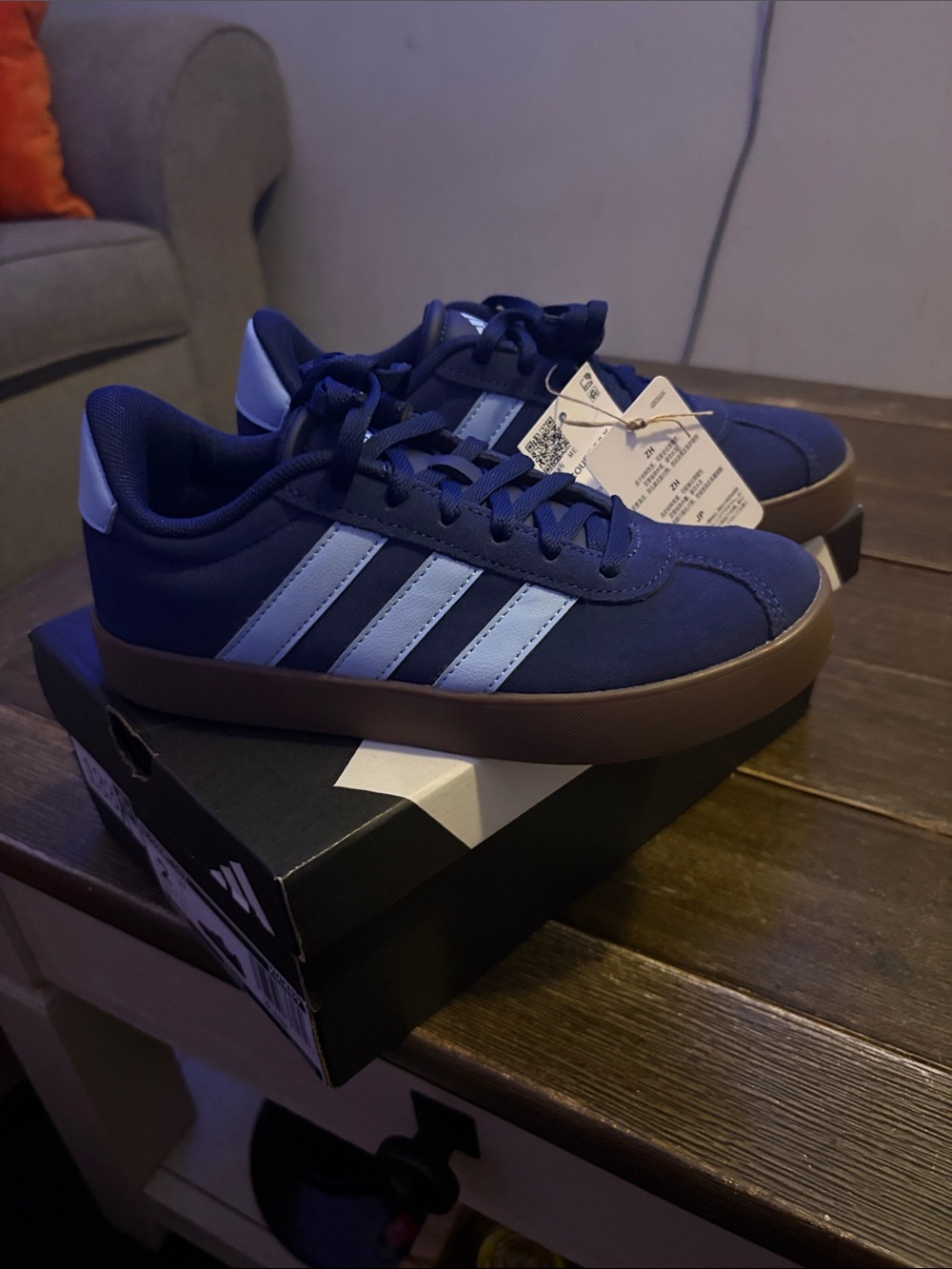 adidas Navy Sneakers with Light Blue Stripes and Brown Gum Sole